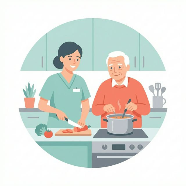 Staff member cooking with a senior resident.