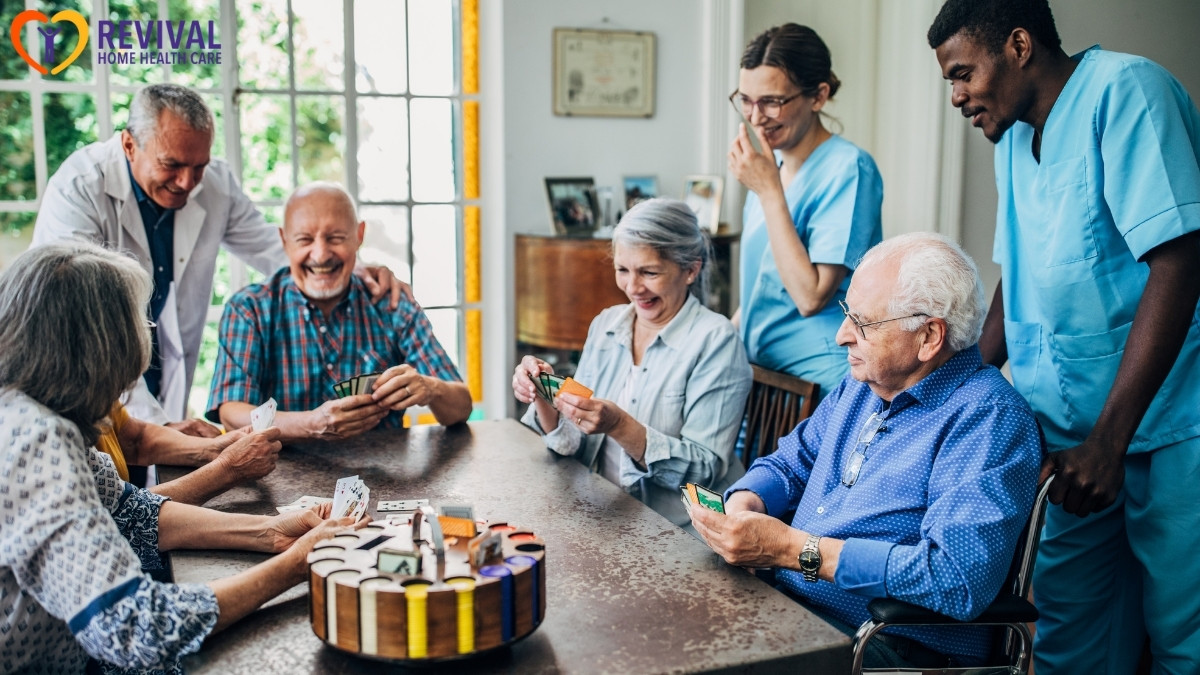 Residents and staff engaging in a card game indoors.