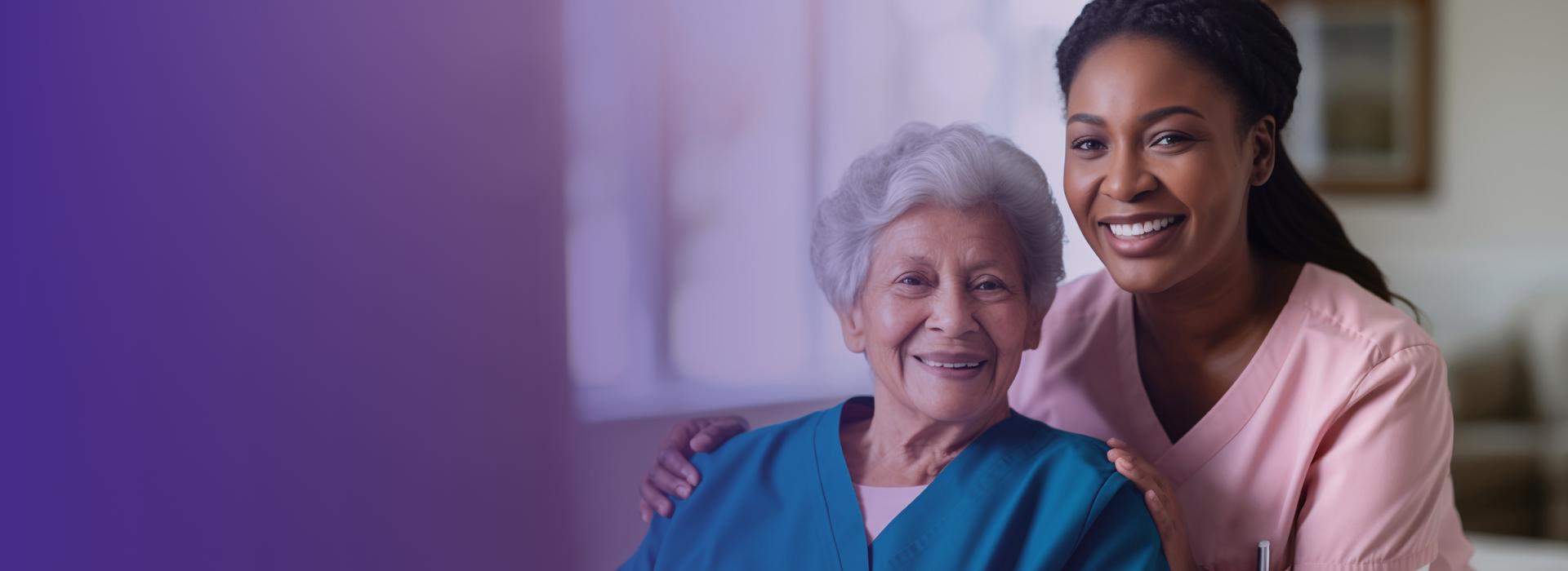 Smiling caretaker with elderly resident