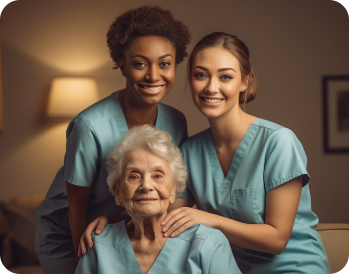 Smiling staff with an elderly resident in a cozy setting.