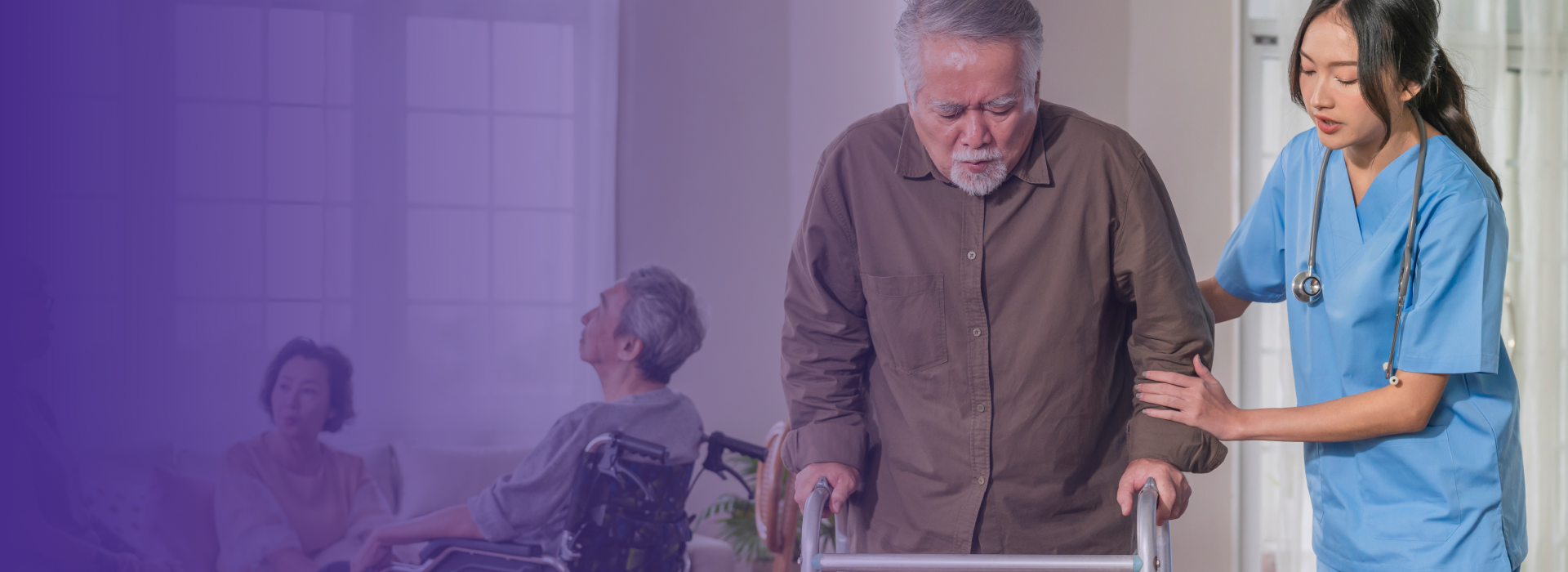 Caregiver assisting an elderly man with a walker