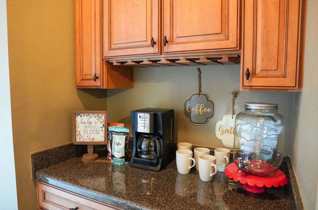 Coffee station with mugs and decor