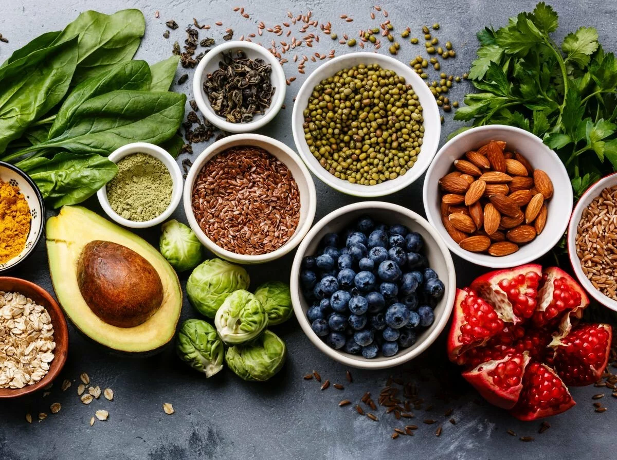 Variety of healthy foods and ingredients arranged visually.