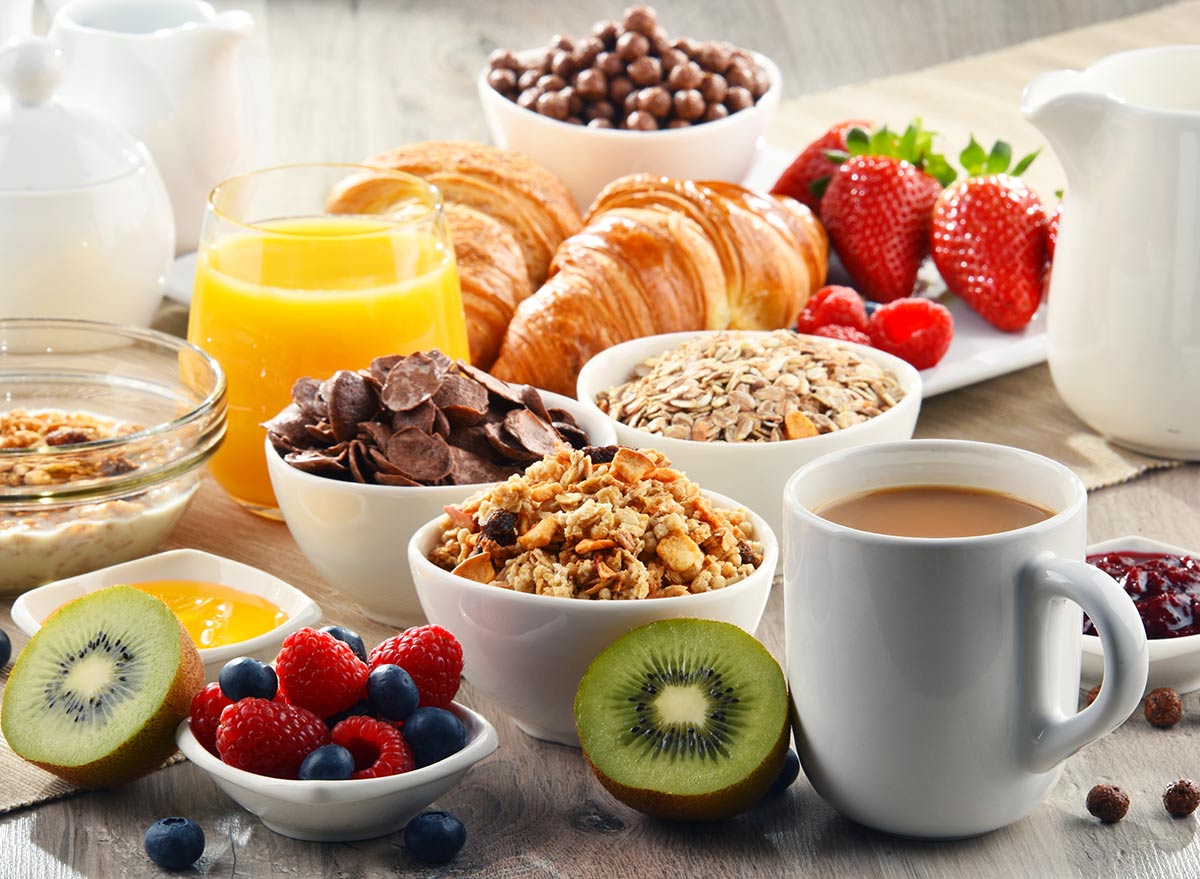 Variety of breakfast foods on a table
