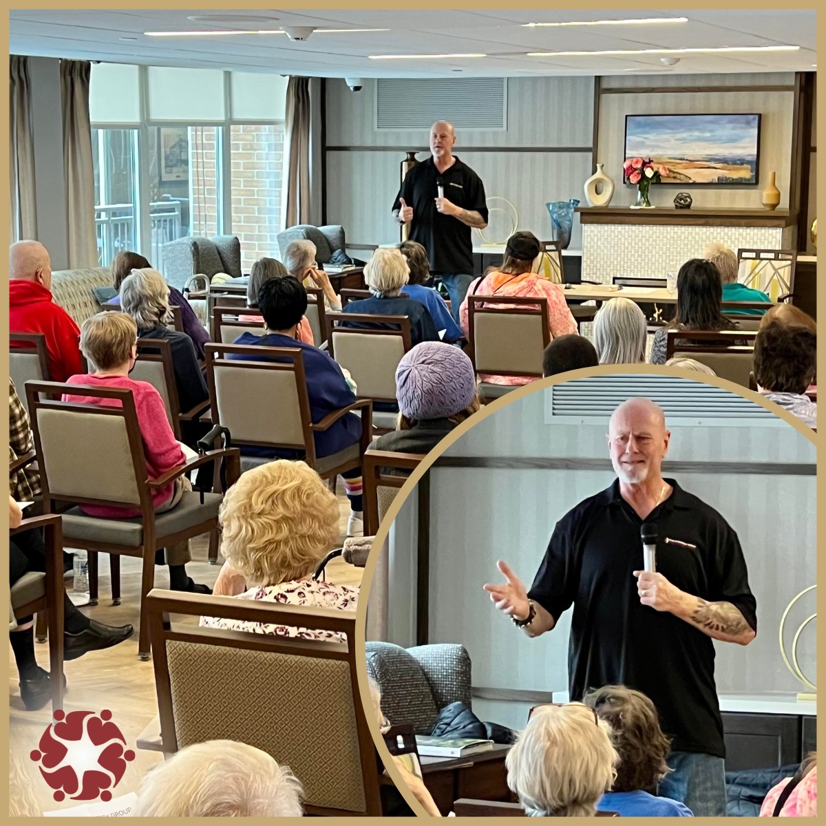 Engaging speaker presenting to residents in a cozy common area.