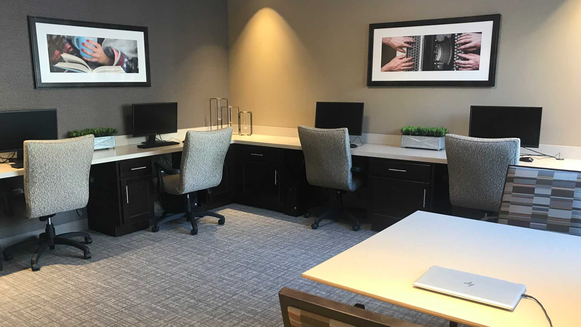Interior view of a computer work area.