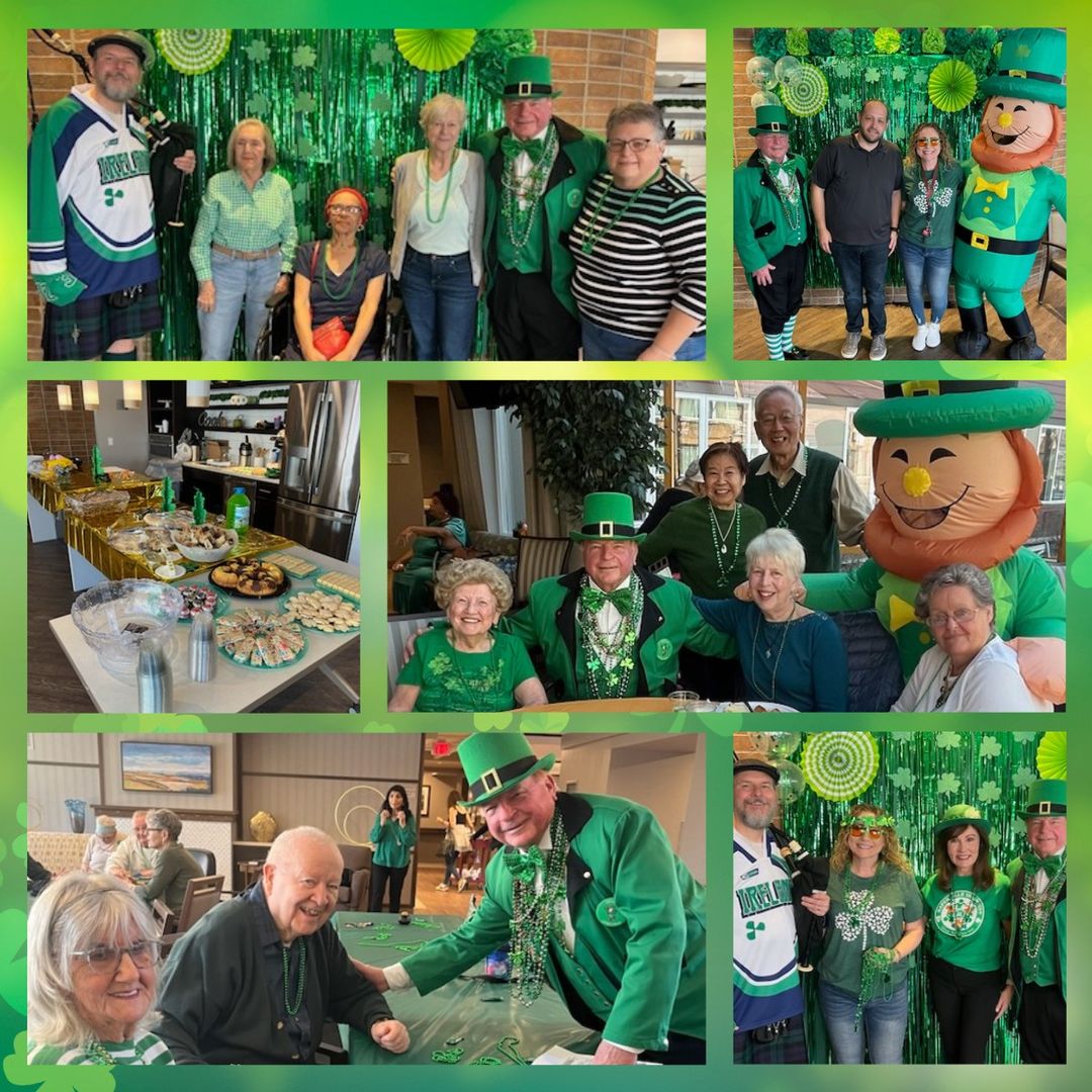Residents and staff celebrating with decorations and food.
