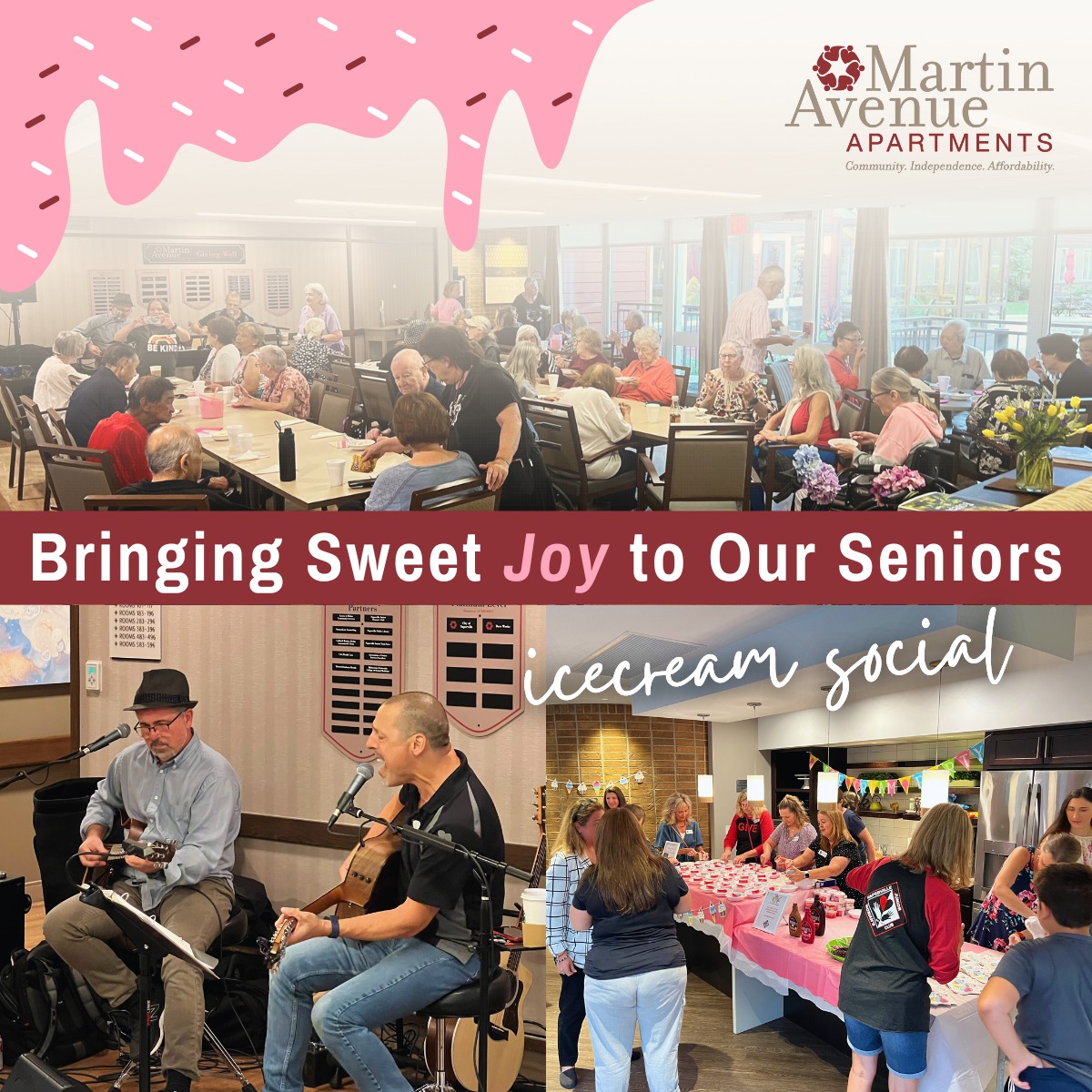 Residents enjoying an ice cream social activity.