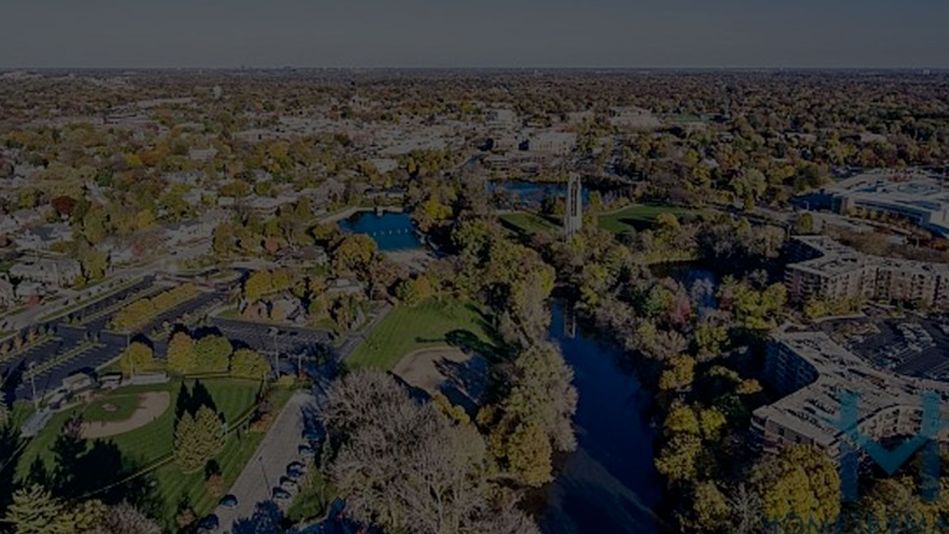Aerial view of parks and surrounding areas.