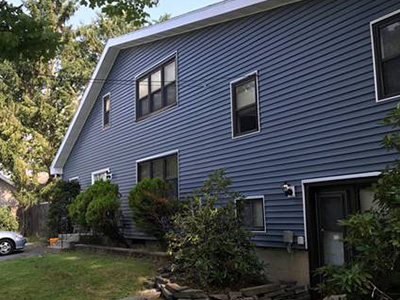 Exterior view of a blue house with greenery.
