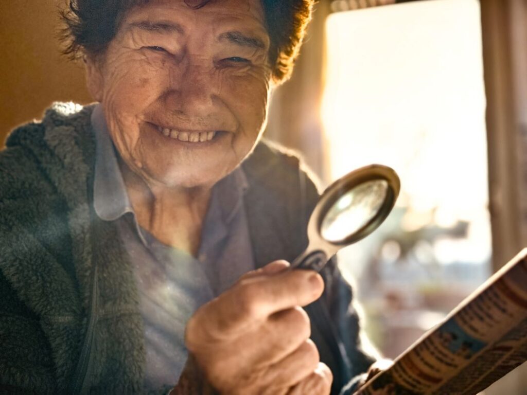 Elderly woman smiling with a magnifying glass