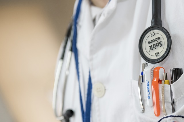 Close-up of medical professional's attire.