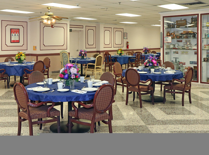 Dining area with tables set for meals