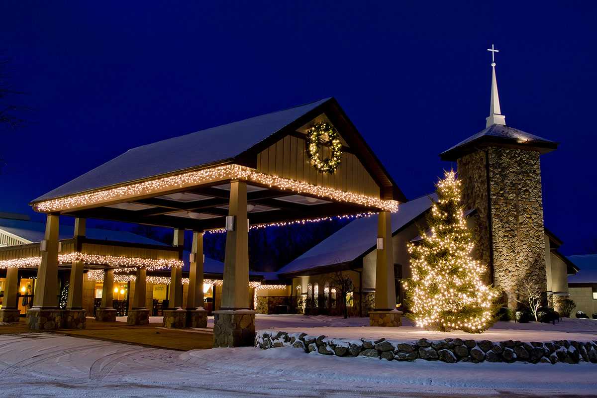 Exterior view of a festive assisted living facility