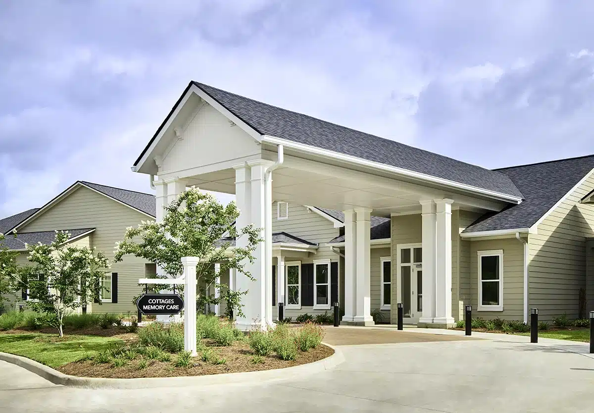Building entrance with landscaped pathway