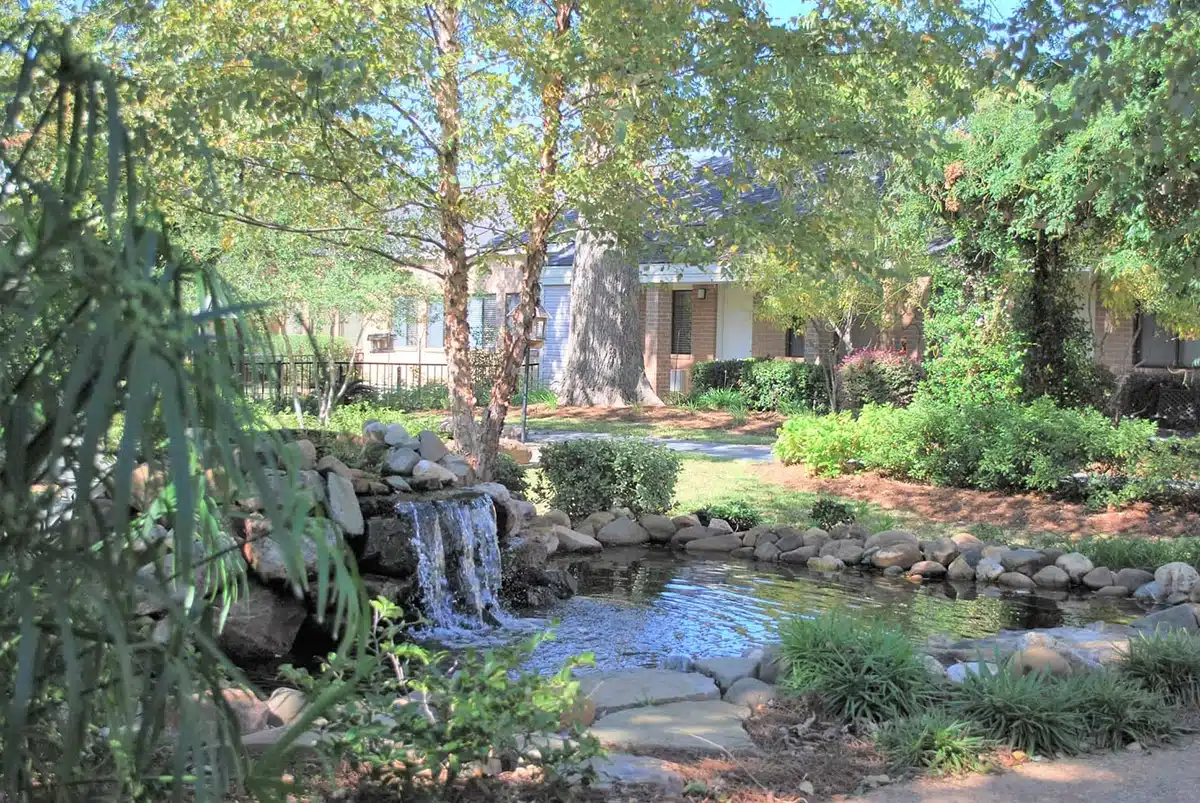 Beautiful landscaped outdoor space with a waterfall