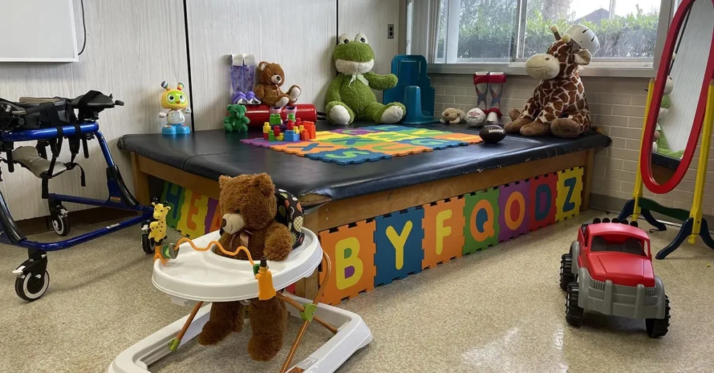 Brightly colored play area with toys for residents