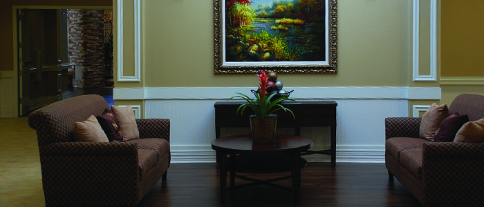 Cozy common area with seating and artwork