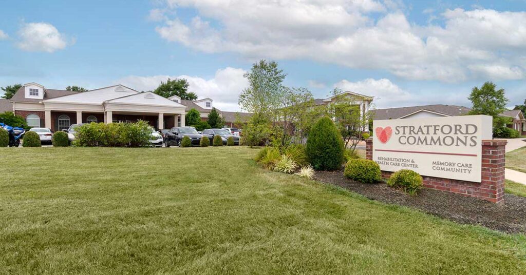 Exterior view of Stratford Commons senior living facility