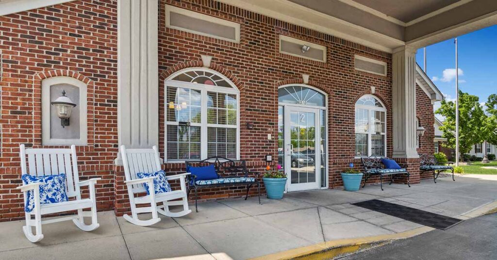 Front entrance with seating at Antioch Valley Senior Living