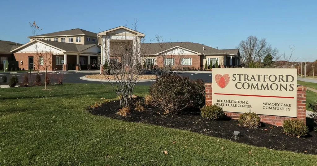 Exterior view of Stratford Commons senior living facility