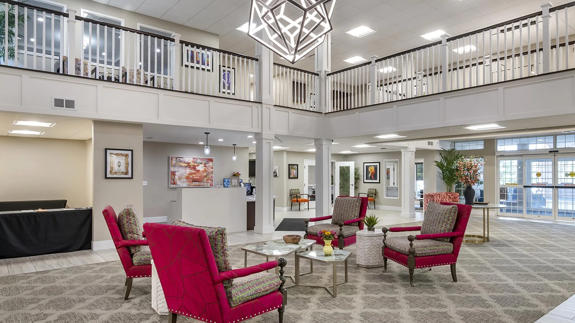 A well-decorated common area with seating
