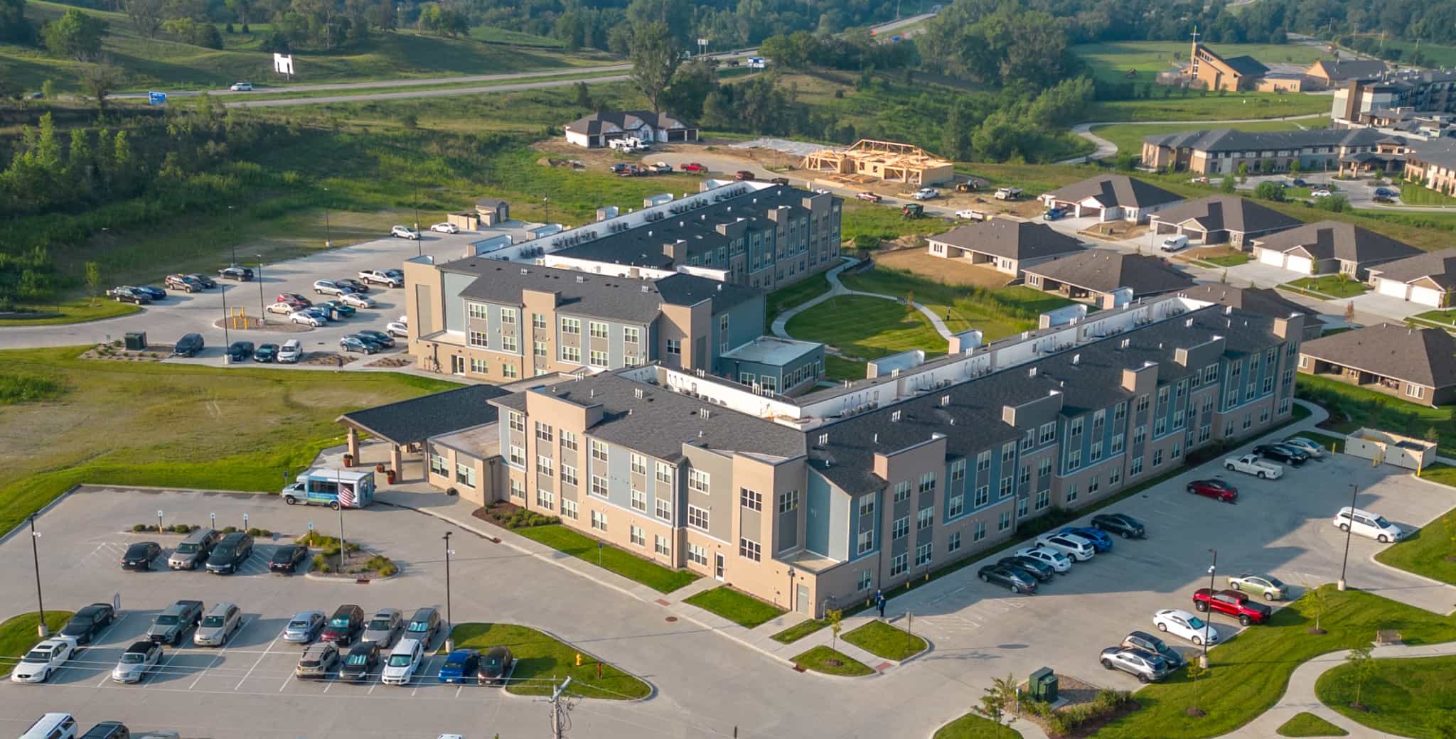 Aerial view of the assisted living facility and outdoor space.