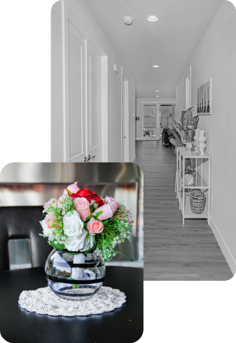Decorative flowers in a common area hallway
