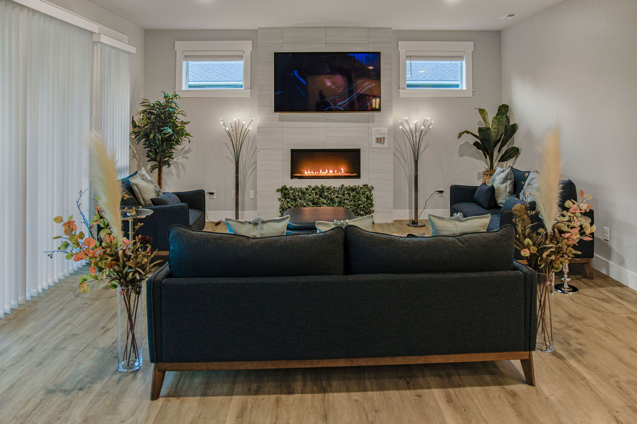 Cozy common area with plants and a television.