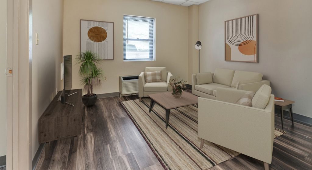Comfortable lounge area in a senior living facility.