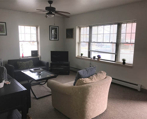 Cozy living area with sofas and windows