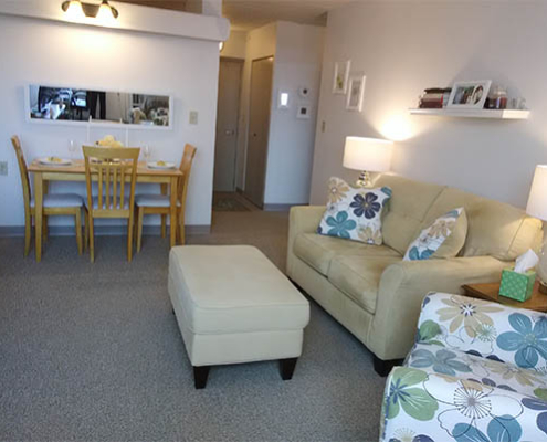 Cozy living area with dining setup and decor.