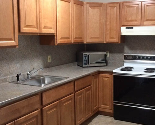 Interior kitchen with wooden cabinets and appliances