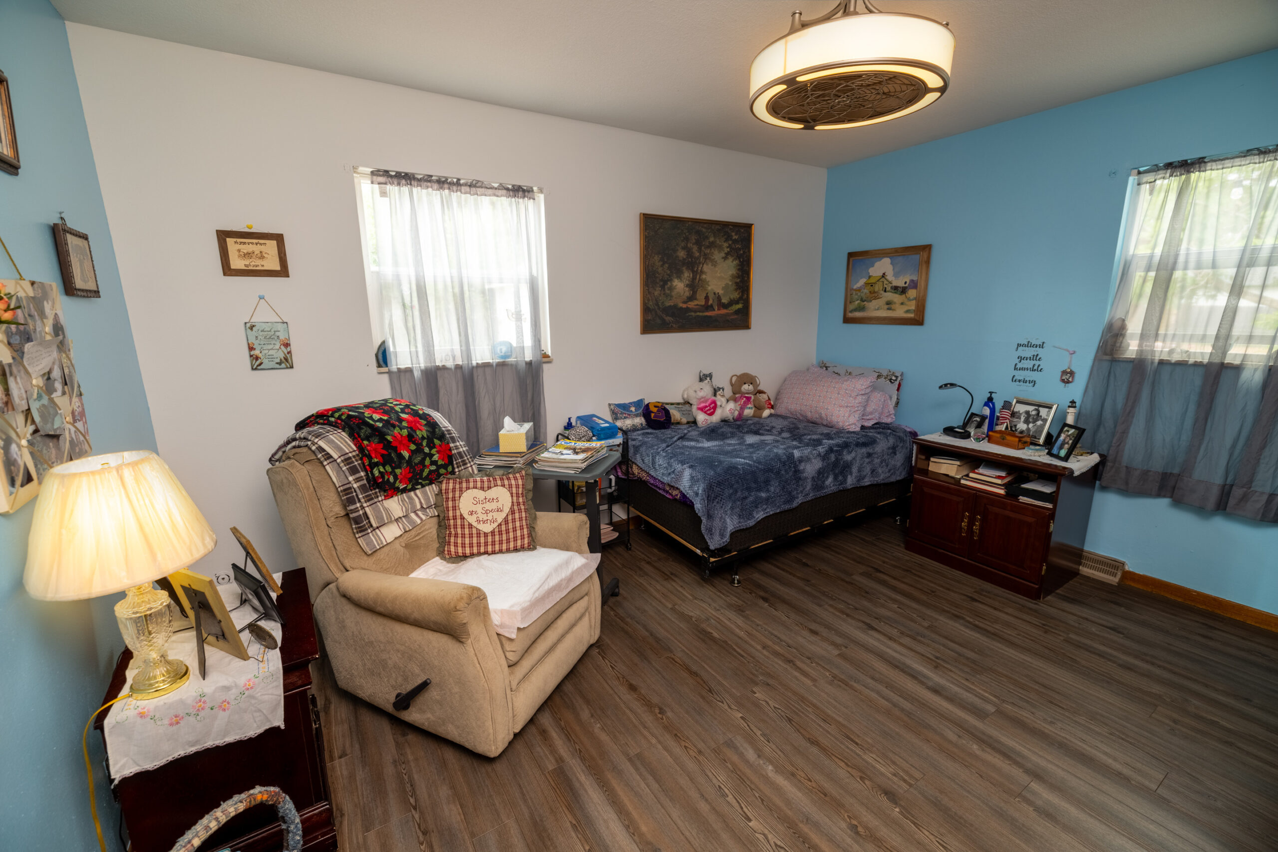 Cozy resident room with personal decorations.