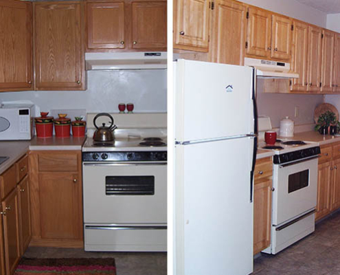 Interior kitchen view with appliances and plants.