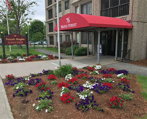Welcoming entrance with flowers and canopy