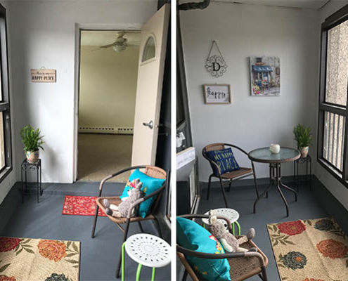 Cozy common area with seating and decorations.