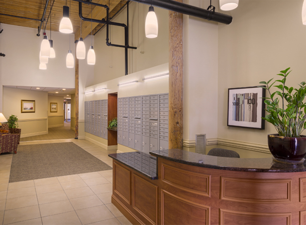 Welcoming reception area with mailboxes