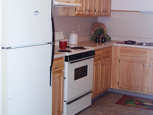 Kitchen area with appliances and cabinets.