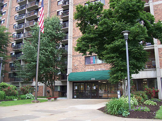 Exterior view of Linden Towers building entrance
