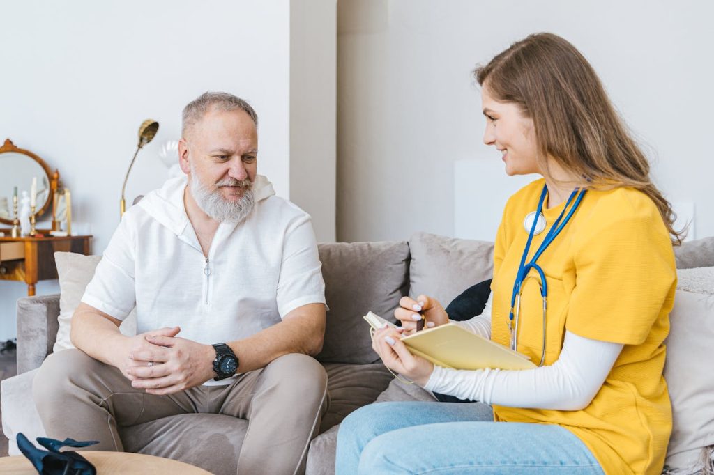 Healthcare worker interacting with a resident