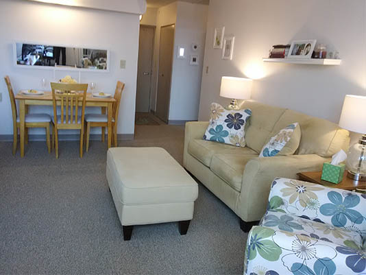 Cozy living area with dining table and decor