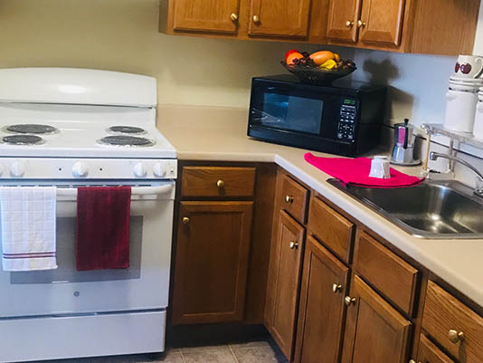 Well-equipped kitchen with appliances and fruit bowl.