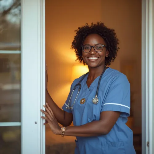 Healthcare professional smiling at the entrance