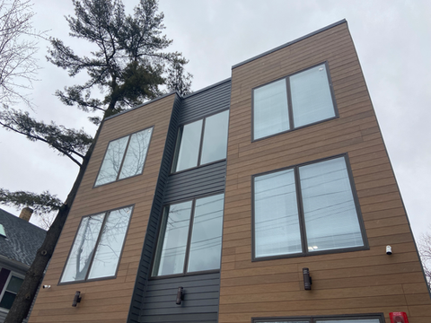 Exterior view of a modern apartment building.