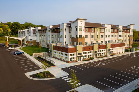 Aerial view of the facility exterior and parking area.