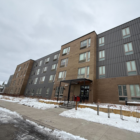 Exterior view of a nursing home building in winter.