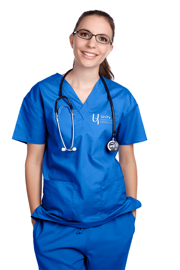 Smiling healthcare professional in blue scrubs