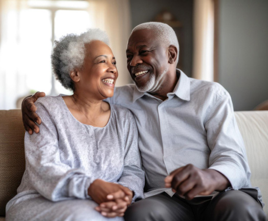 Happy elderly couple in a cozy setting.