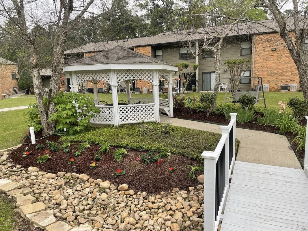 Landscaped garden with gazebo and walkway